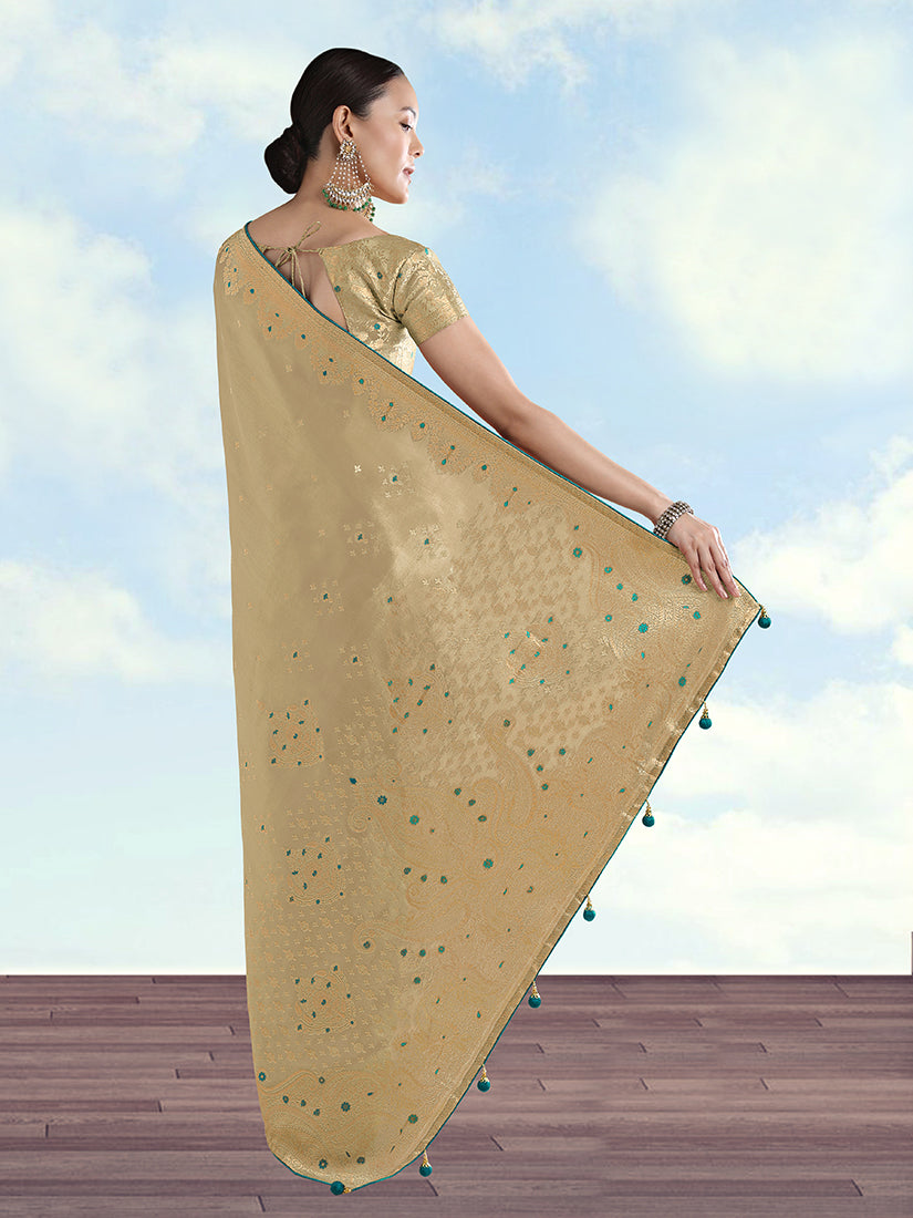 Cream Paisley Zari Woven Banarasi Tissue Silk Saree