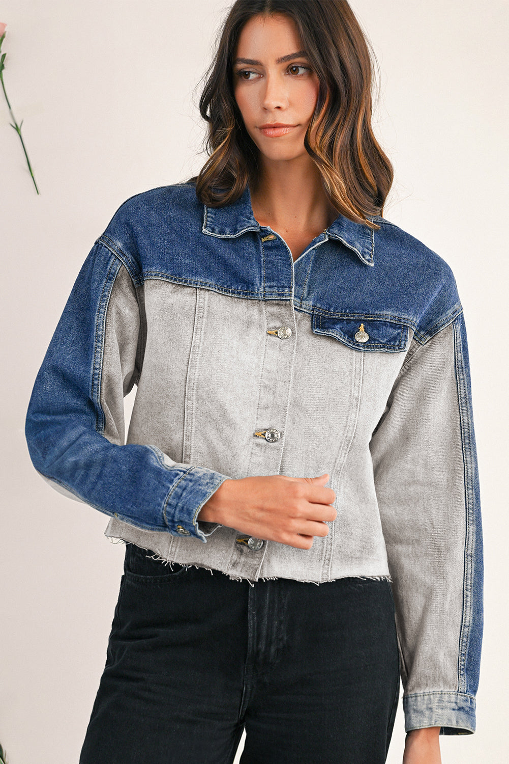 Dusk Blue Patchwork Flap Detail Distress Denim Jacket