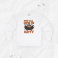 Long sleeve graphic t-shirt featuring a cartoon witch bat and text saying You All Drive Me Batty