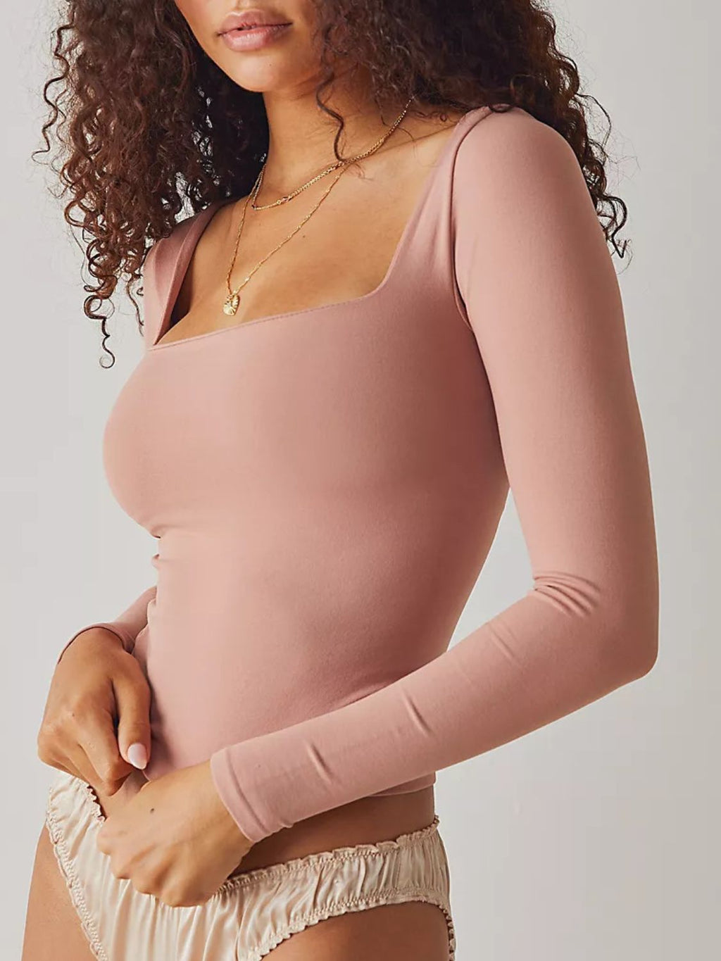 Square Neck Long Sleeve T-Shirt | Grey Fitted Knit Top