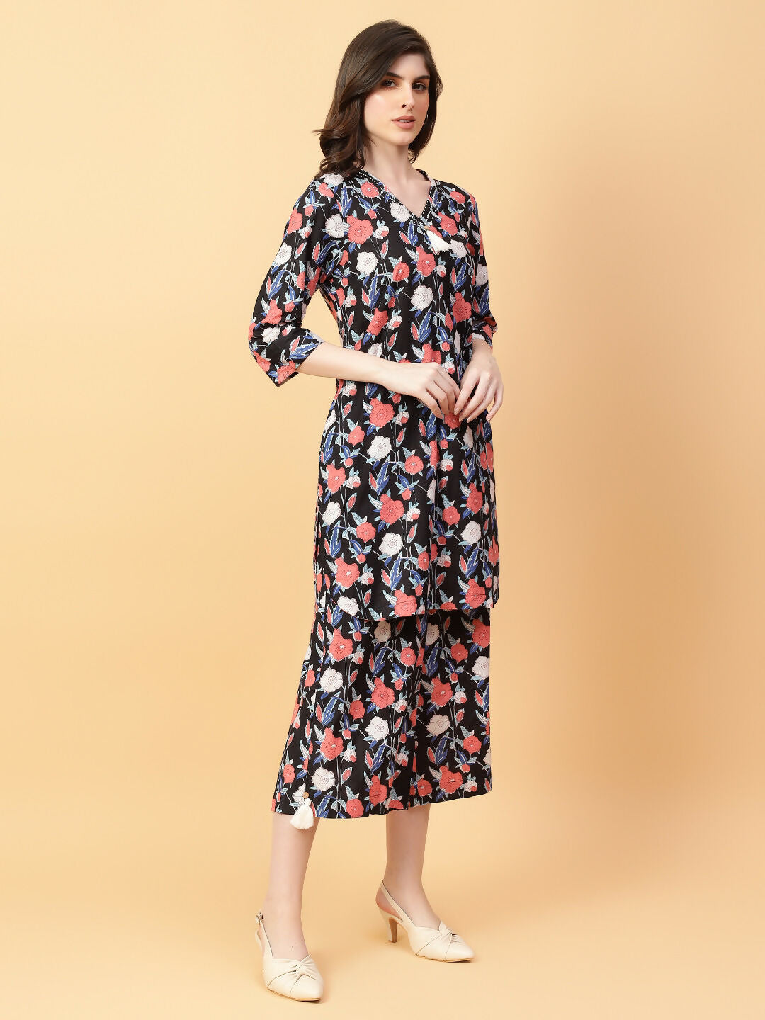 Black Cotton Printed Co-ord Set with Hand-Worked Detailing