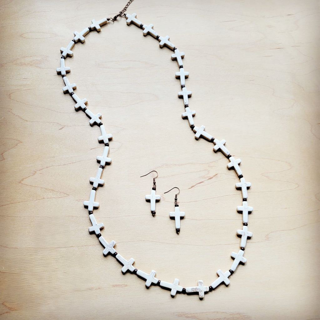 White Turquoise & Wood Beaded Cross Necklace