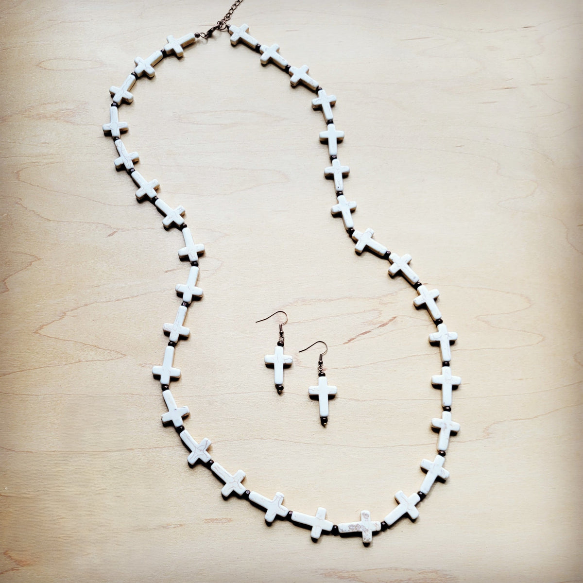 White Turquoise & Wood Beaded Cross Necklace