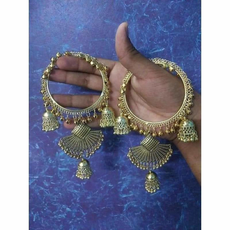 Gold-tone bridal bangle with pearl and jhumka embellishments for wedding attire