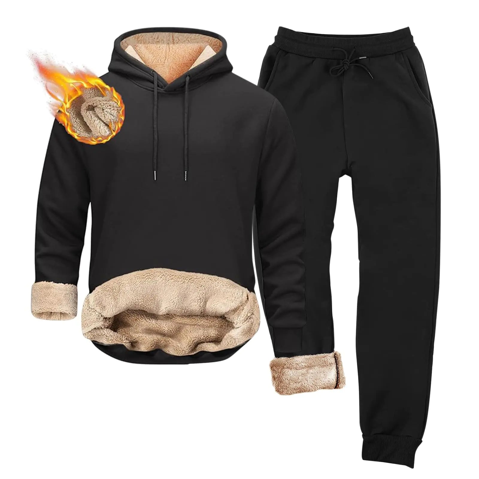 Mens Fleece Sherpa Lined Tracksuit 2 Piece Warm Hoodie Sweatshirts Sweatpants Suit Set Casual Trendy Winter Pullover Men Outdoor Thermal Pants and Tops (Black L)
