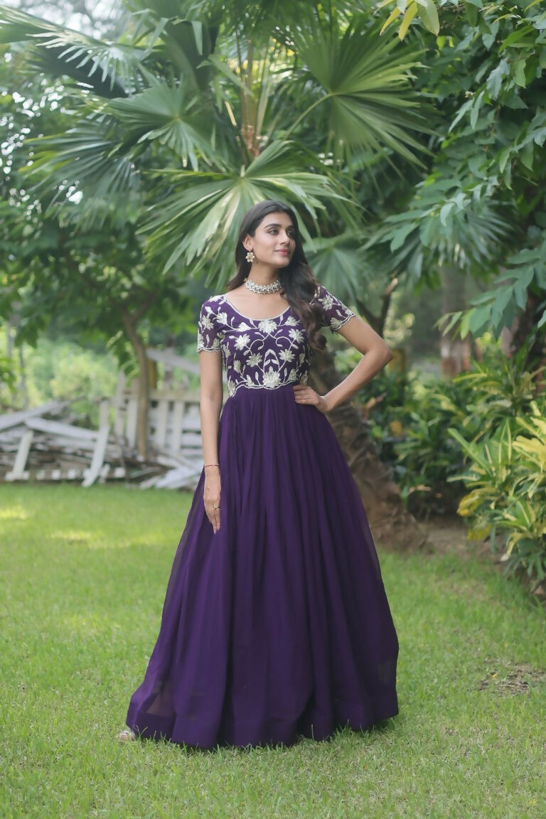 Purple Sequins Embroidered Faux Blooming Floor-Length Anarkali