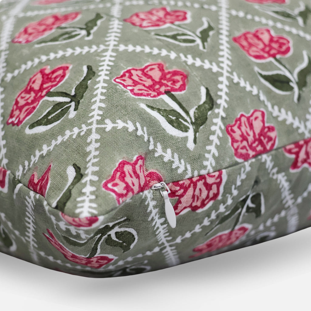 Noor Floral Linen Throw Pillow Cover in Olive and Pink