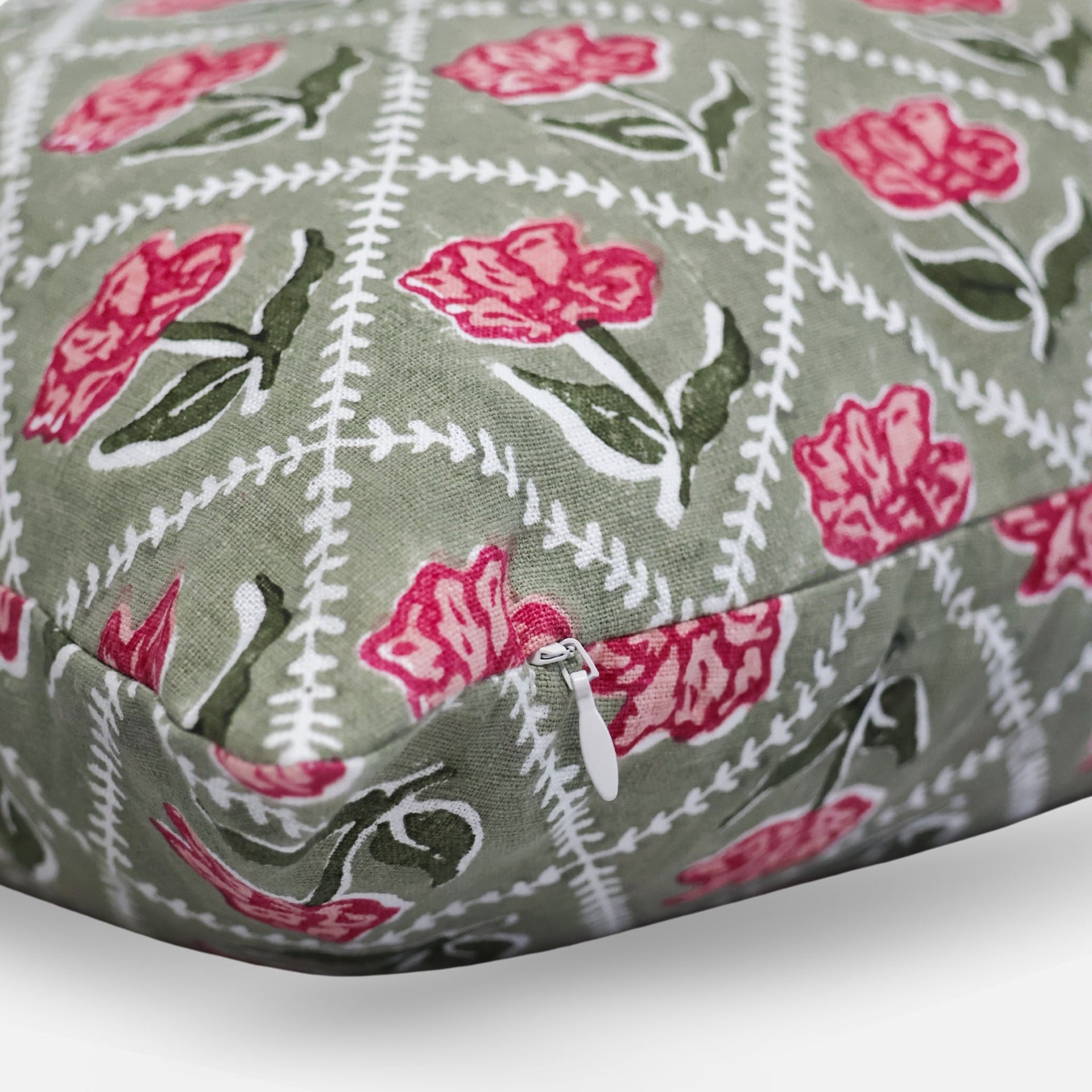 Noor Floral Linen Throw Pillow Cover in Olive and Pink