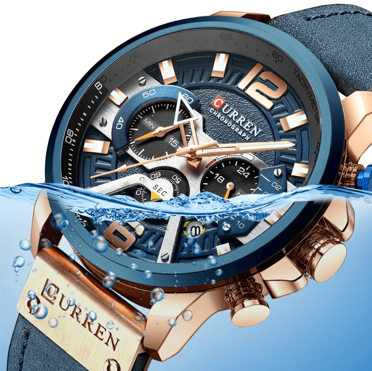 Men's Waterproof Sports Chronograph Watch with Leather Strap