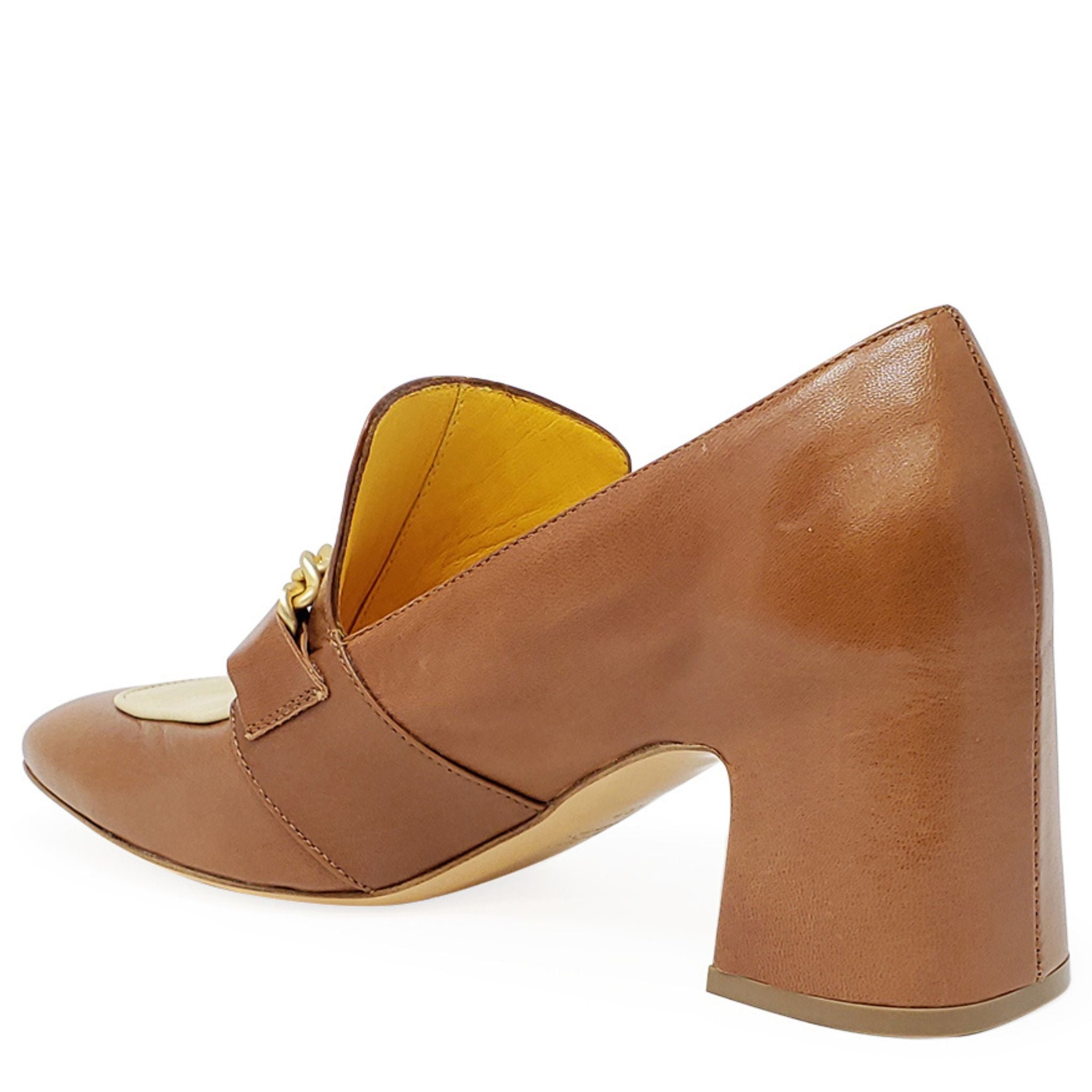 Tan & Cream Leather Mid Heel Loafer W/Chain