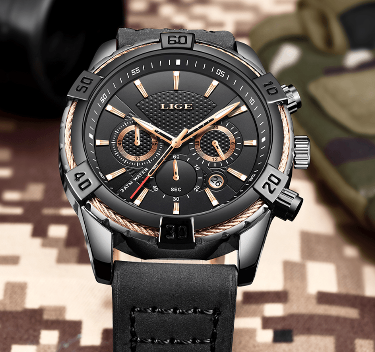 Waterproof Men's Chronograph Watch with Gold Accents and Date