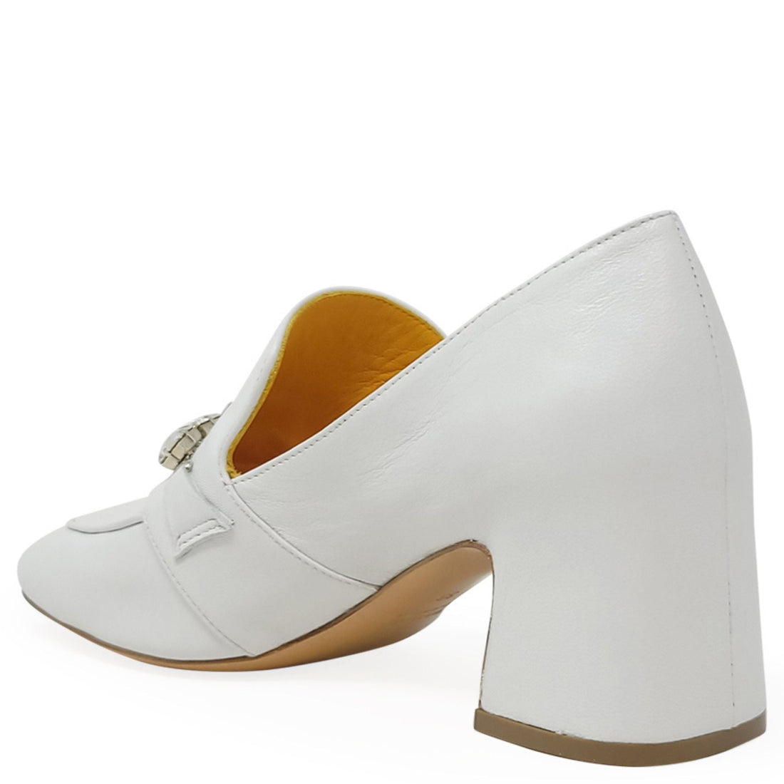 White Leather Mid Heel Loafers with Jeweled Accent - Image 3