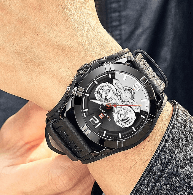 Men's Waterproof Chronograph Watch with Leather Strap & Dial Window