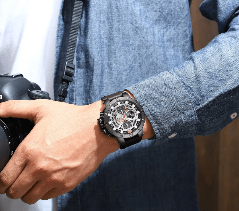 Men's Waterproof Casual Chronograph Watch with Leather Strap