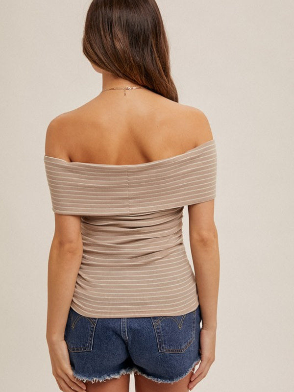 Off The Shoulder Ruched Knit Top in Beige and White Stripe
