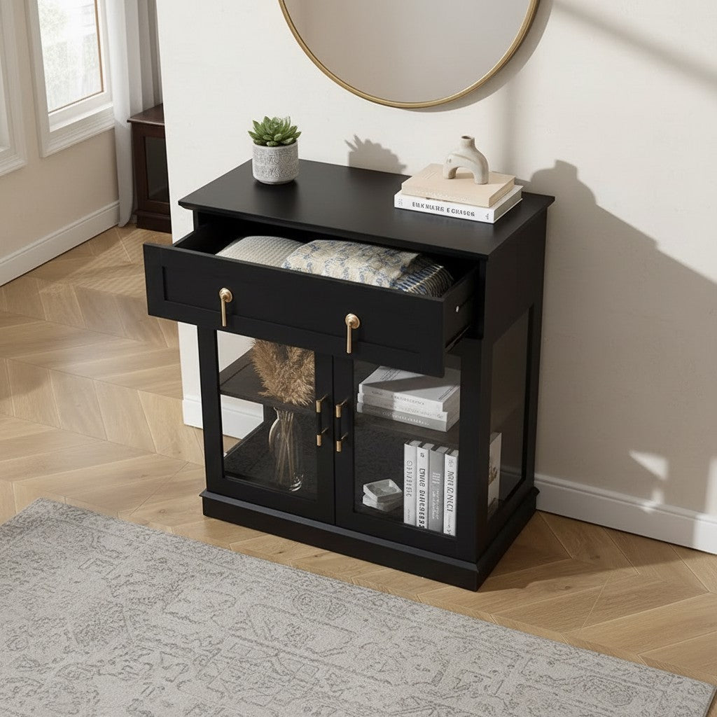 Modern Glass Door Cabinet with Adjustable Shelves, Compact Storage