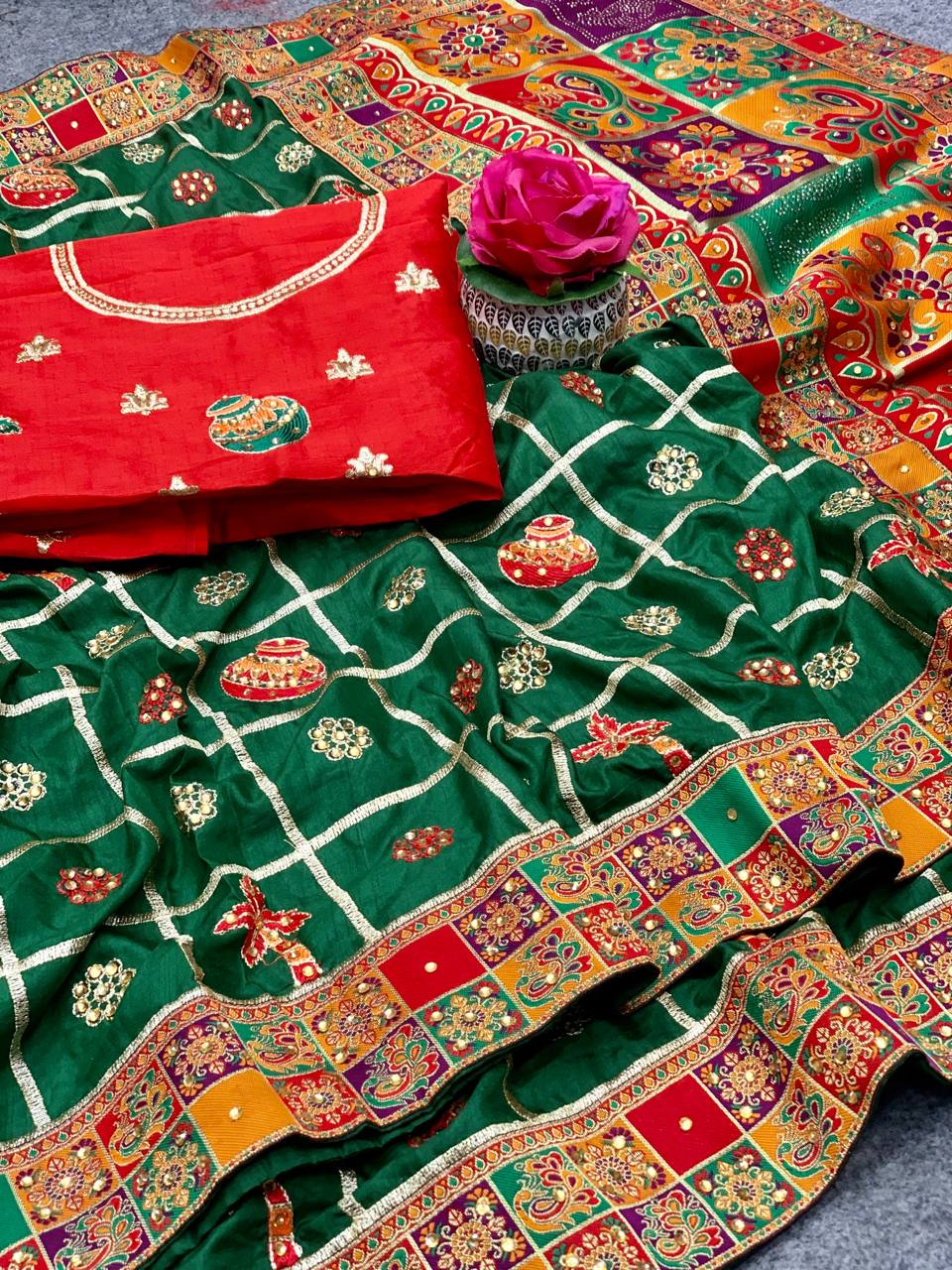 Green Dola Silk Saree with Jacquard Lace Border