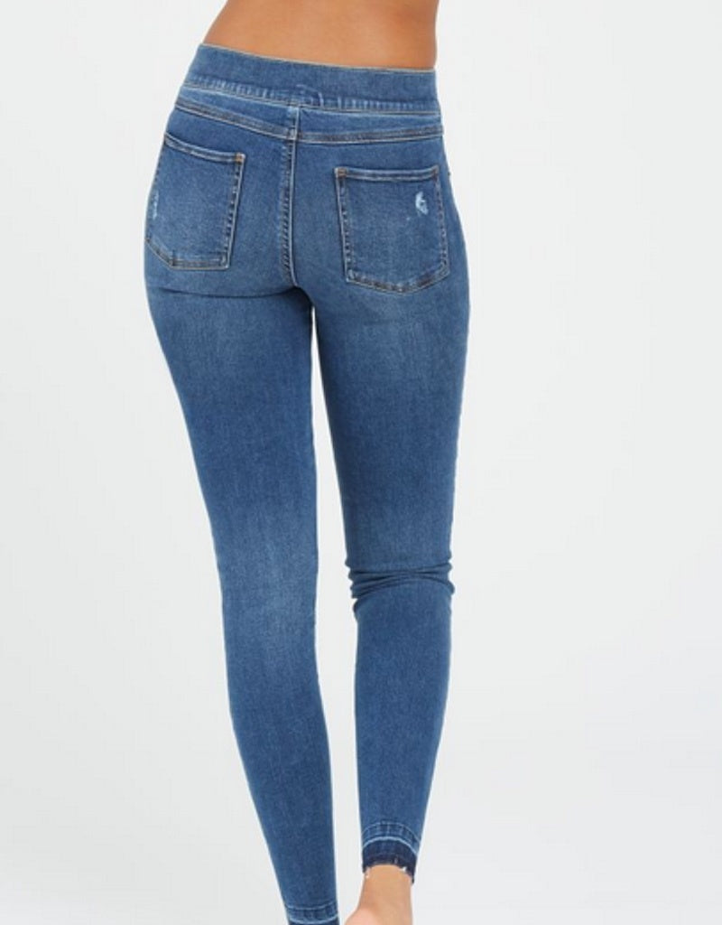 High-Rise Distressed Ankle Skinny Jeans in Medium Indigo Blue