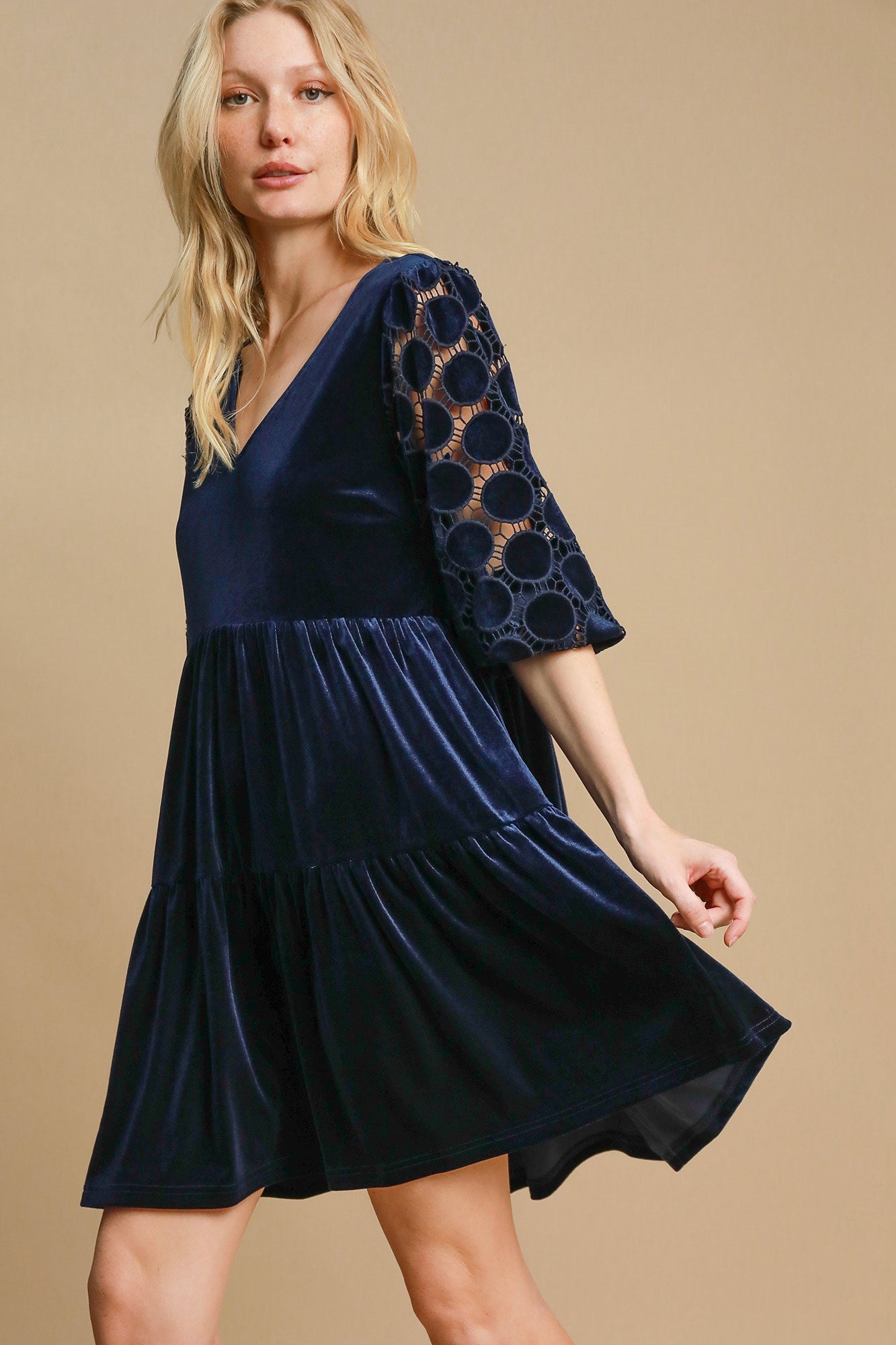 Navy Blue Dotted Lace Sleeve Tiered Velvet Mini Dress