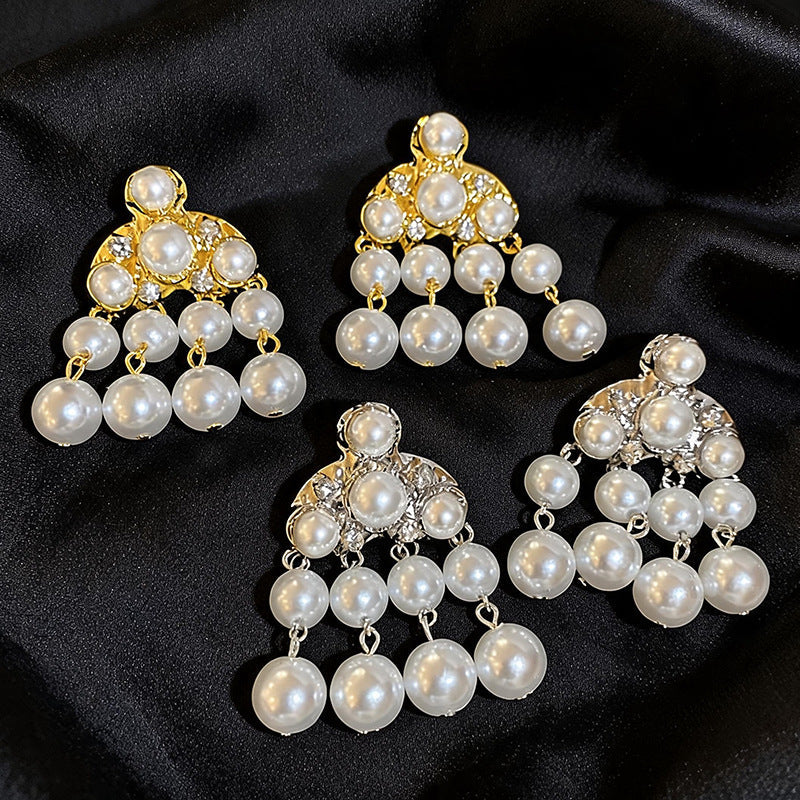 Women French Retro Rhinestone Pearl Tassel Dangle Stud Earrings,Vintage Style Heavy Craft Elegant Versatile Fashion Jewelry For Daily Banquet Occasion