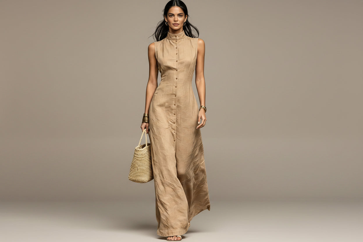 Women's Sleeveless Stand-Collar Button-Front Midi Dress - Image 5