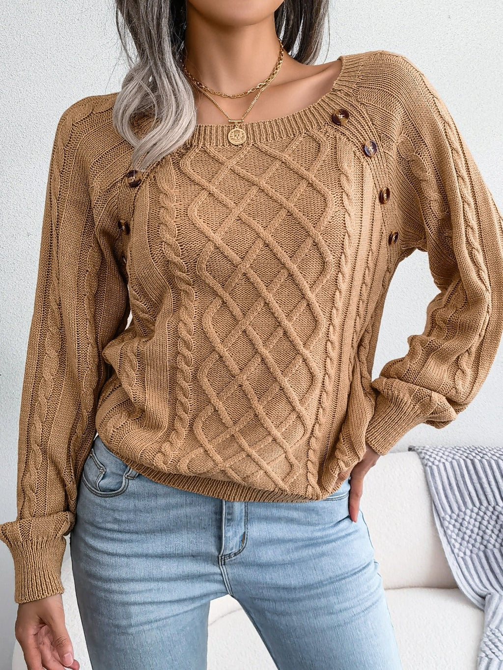 Women's Textured Cable Knit Sweater with Decorative Buttons - Image 5