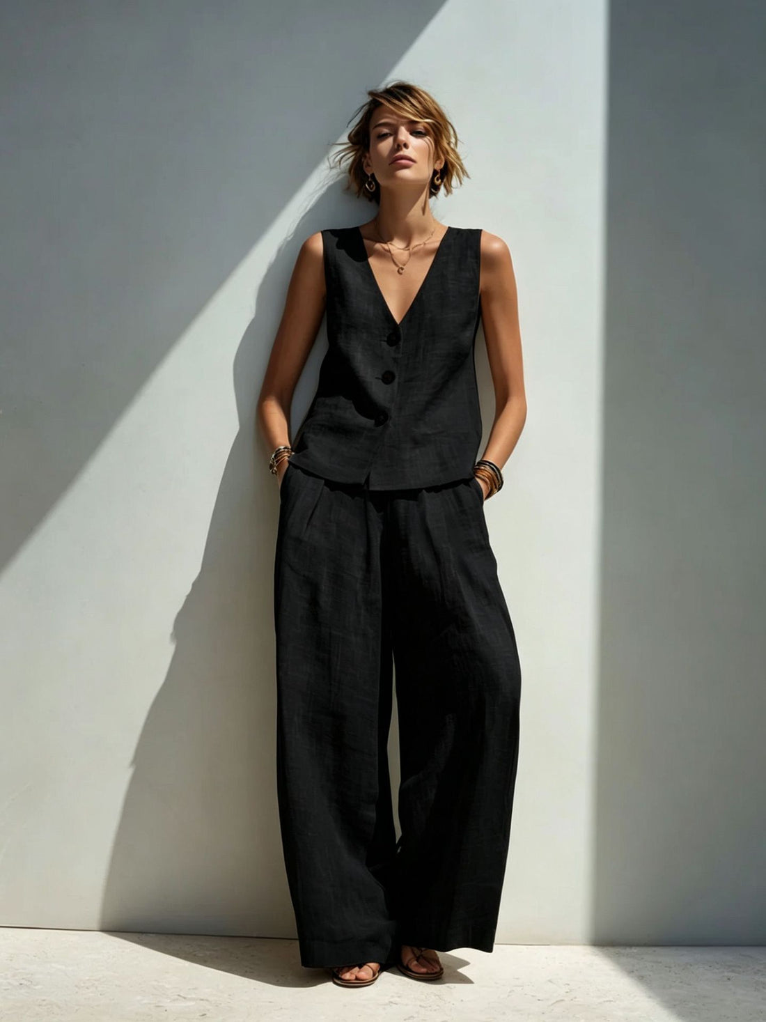 Linen Blend V-Neck Buttoned Vest & High-Waist Wide-Leg Pants Set – 5 Colors S–3XL