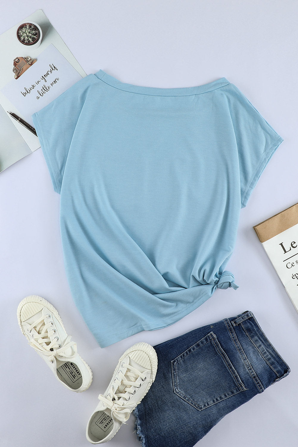 Light Blue Solid Short Sleeve T-Shirt with Patch Pocket