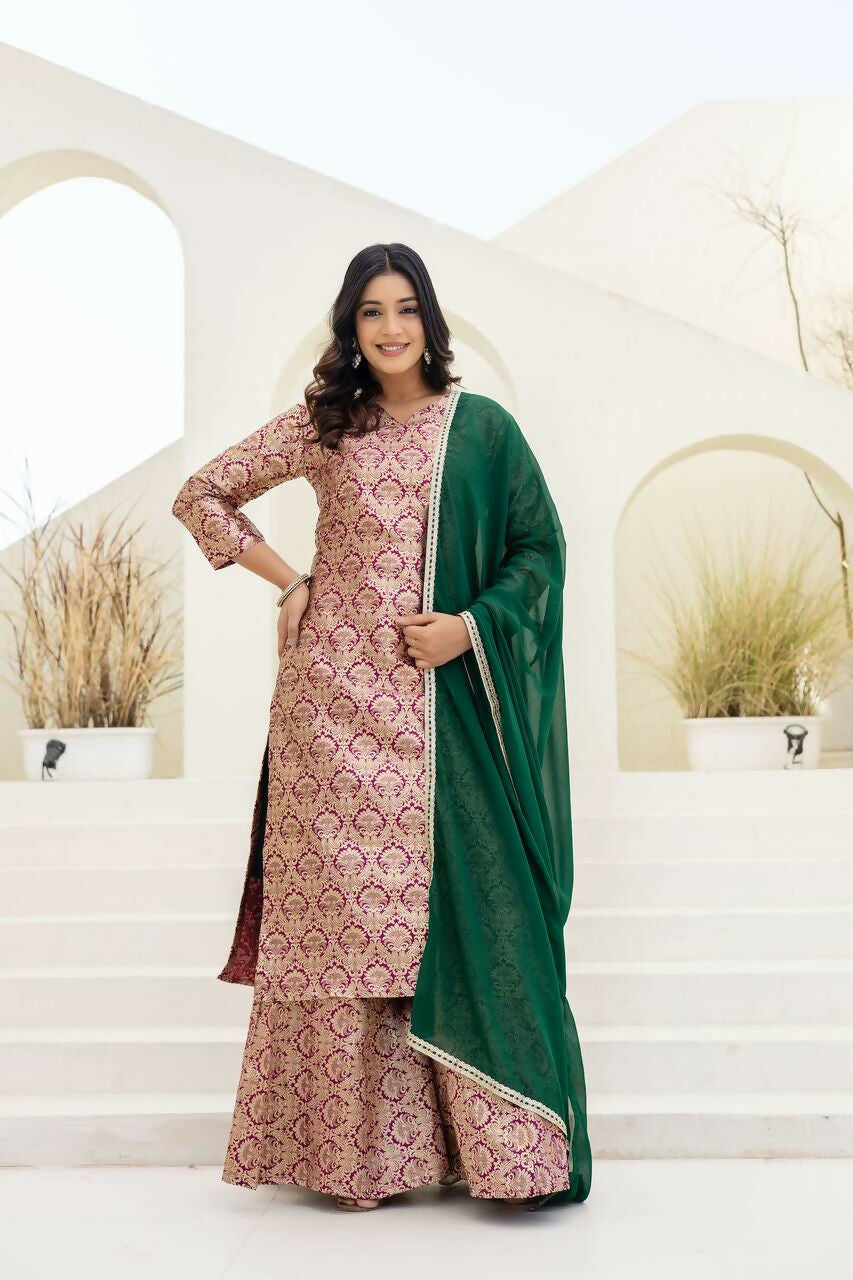 Peach Jacquard Embroidered Sharara Set with Classic Appeal