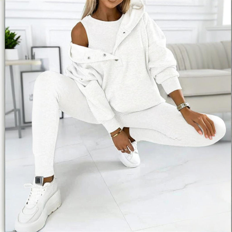 Women Solid Color Three Piece Set Hooded Sweatshirt Vest Pants - Image 3