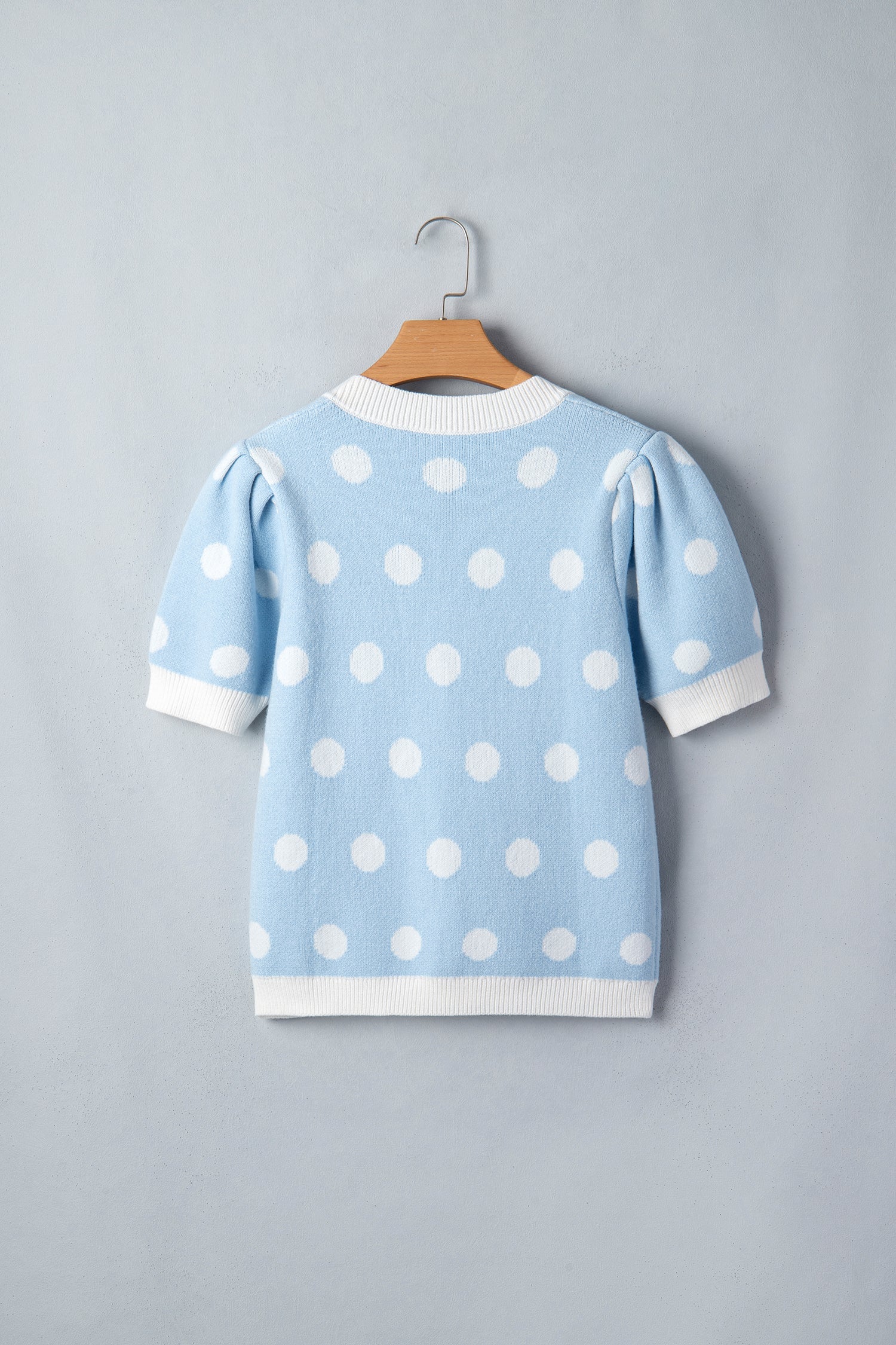 Rivka Puff Short Sleeve Sweater – Polka Dot V-Neck Knit Top