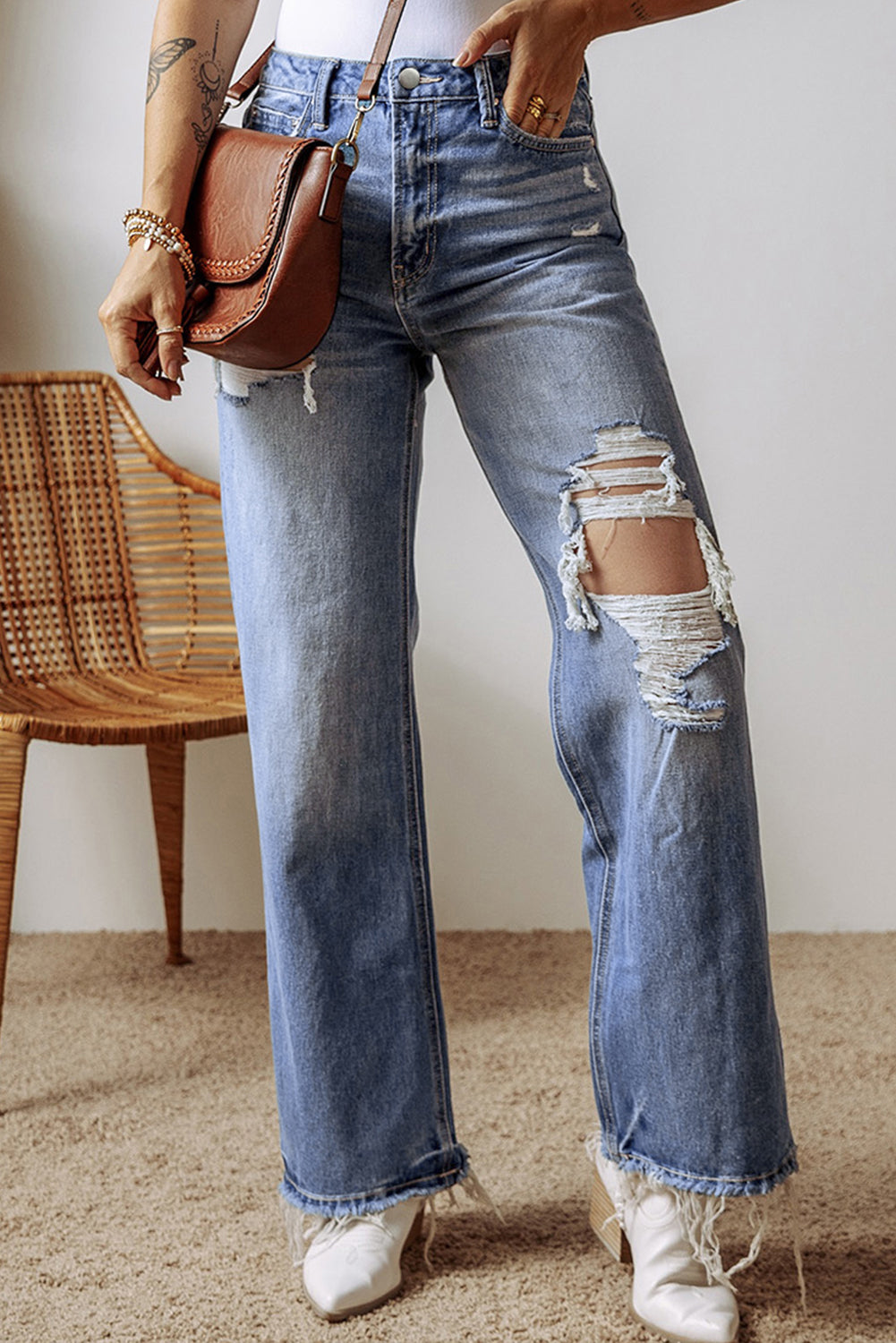 Distressed Straight Leg Jeans with Pockets | Vintage Style
