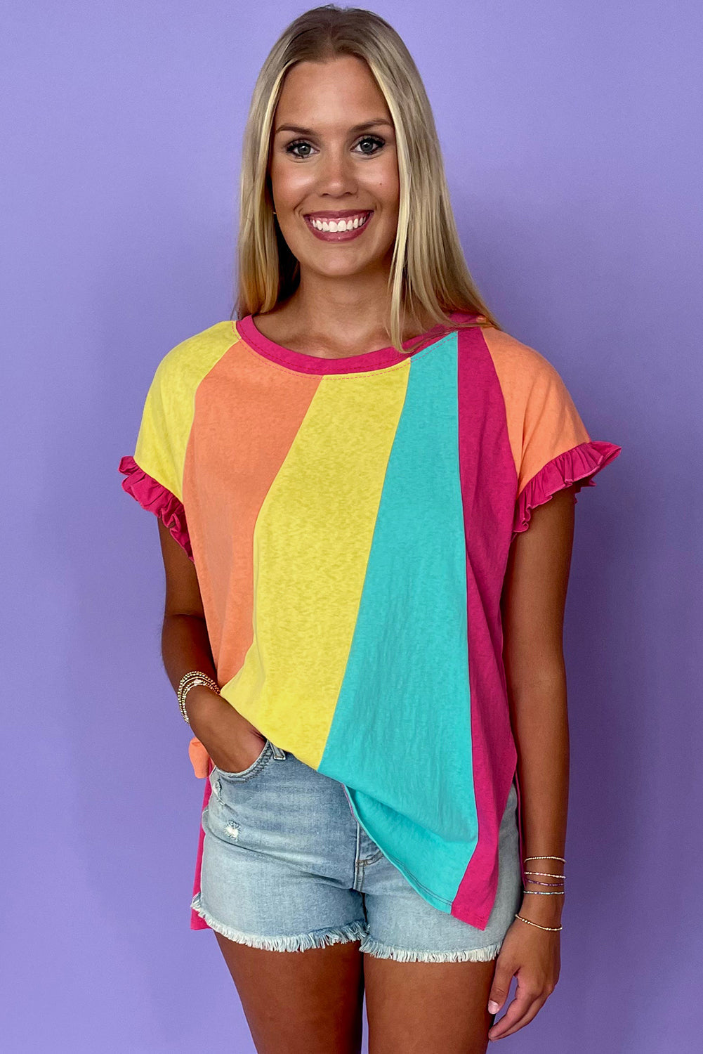 Rose Red Color Block Ruffled Crew Neck Loose Fit T-Shirt