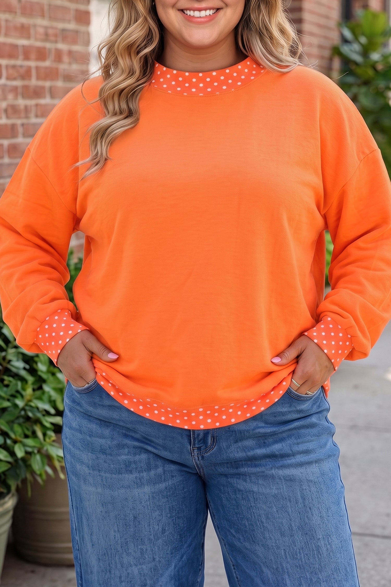 Racing Red Polka Dot Patchwork Round Neck Plus Size Sweatshirt
