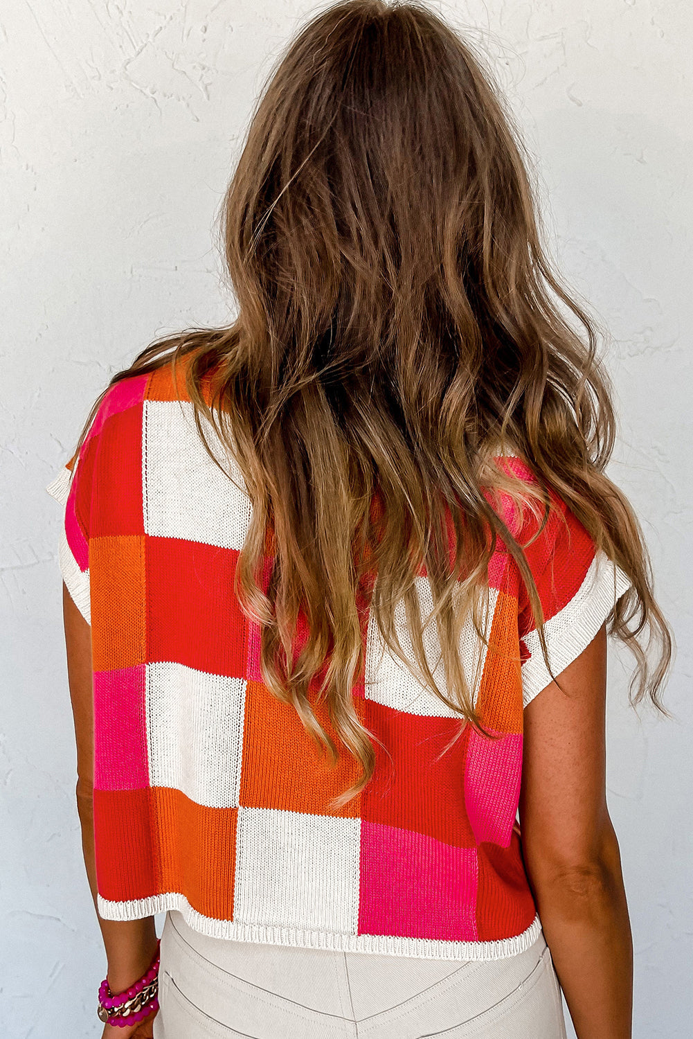 White Color Block Cap Sleeve Sweater for Chic Casual Style