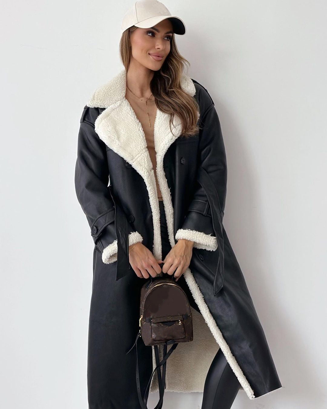 Women’s Double-Breasted Faux Leather Trench Coat with Sherpa Lining - Image 5