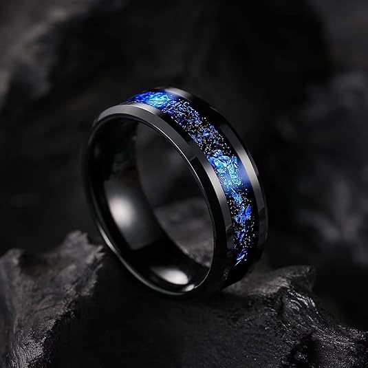 Tungsten steel blue meteor ring 8mm wide, ideal for couples