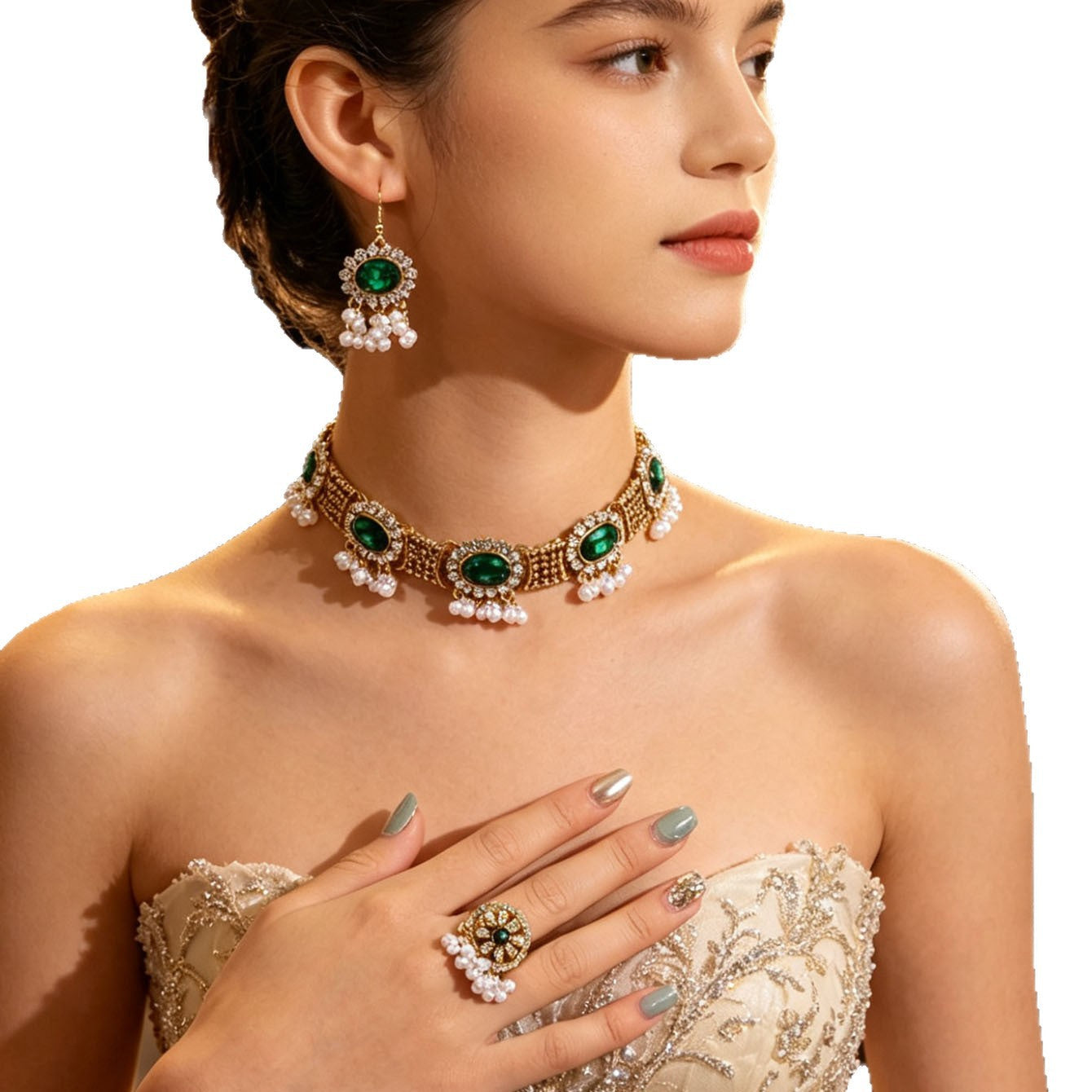 Bohemian Gemstone Indian Style Pearl Tassel Necklace, Earrings, And Ring 3-Piece Set, Palace-Style Evening Jewelry