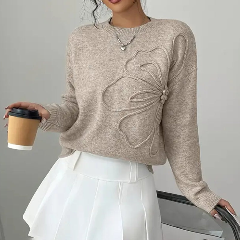 Women's Elegant Floral Applique Crew Neck Sweater Pullover - Image 4