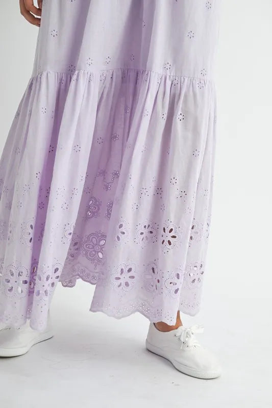 Light-Purple Eyelet Lace Maxi Dress with Modern Side Strap Detail