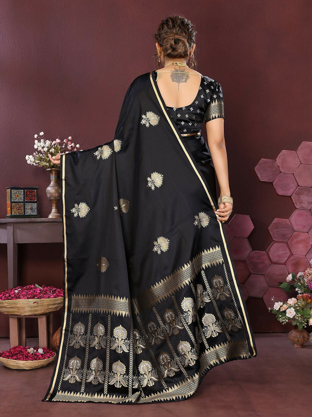 Black Floral Motif Banarasi Satin Silk Saree with Blouse