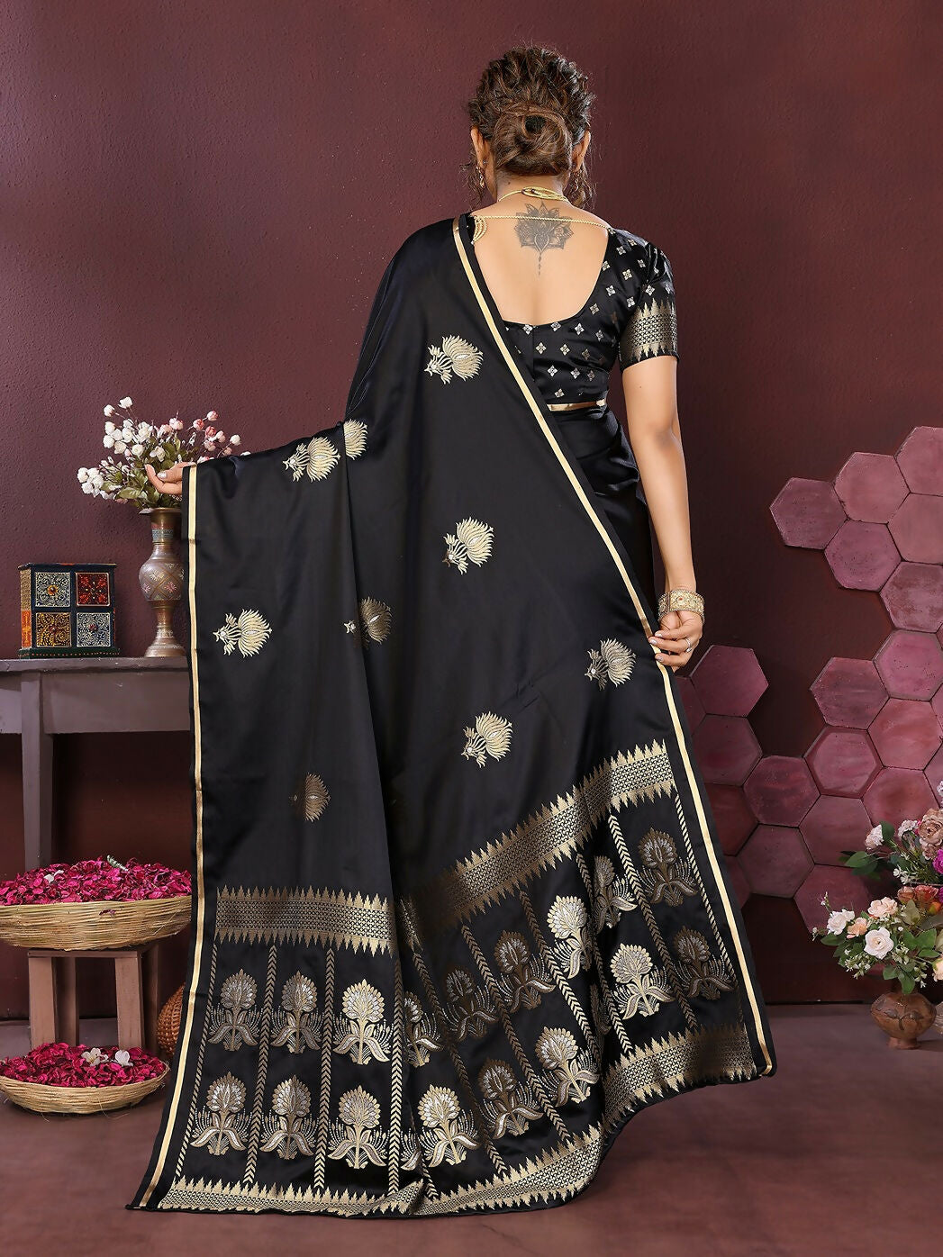 Black Floral Motif Banarasi Satin Silk Saree with Blouse