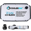 A 15lb capacity white refillable ice block for coolers with a black screw cap and reinforced snap edges.