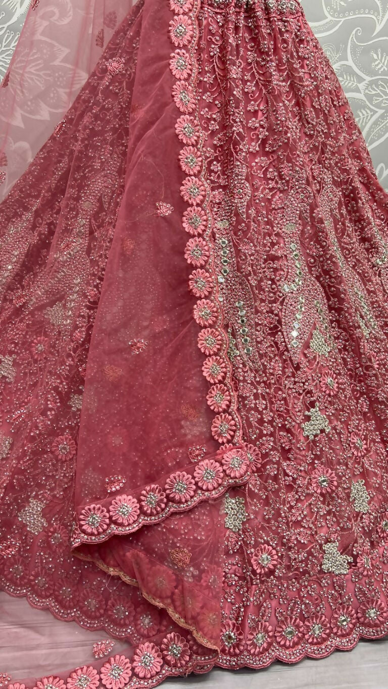 Pink Bridal Net Lehenga Choli with Mirror & Diamond Work