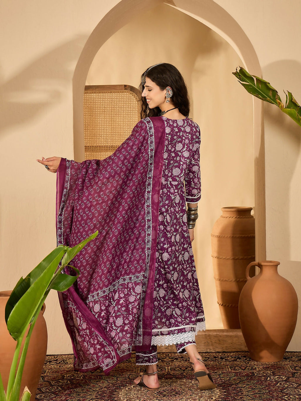 Purple Printed Pure Cotton Kurta Set for Women - Ethnic Wear