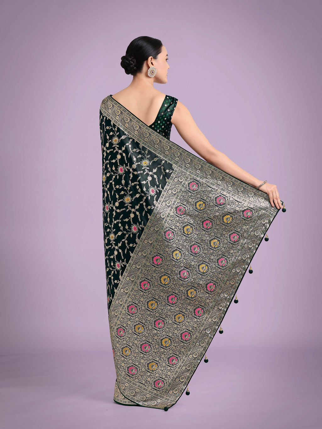 Monjolika Fashion Dark Green Zari Woven Banarasi Classic Satin Silk Saree