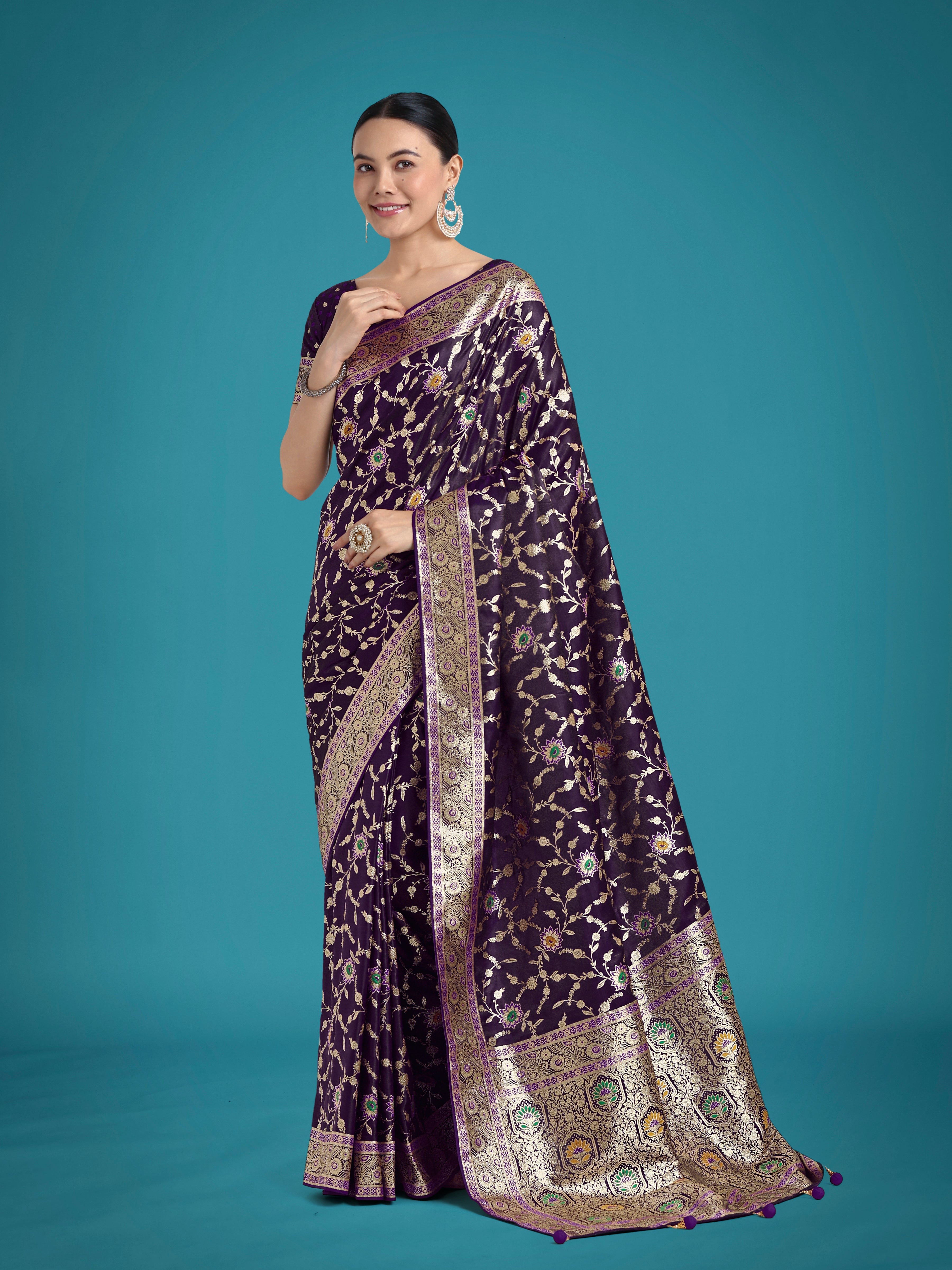 Monjolika Fashion Dark Purple Zari Woven Banarasi Classic Satin Silk Saree
