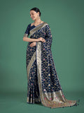 Dark blue Banarasi satin silk saree with classic gold Zari weaving
