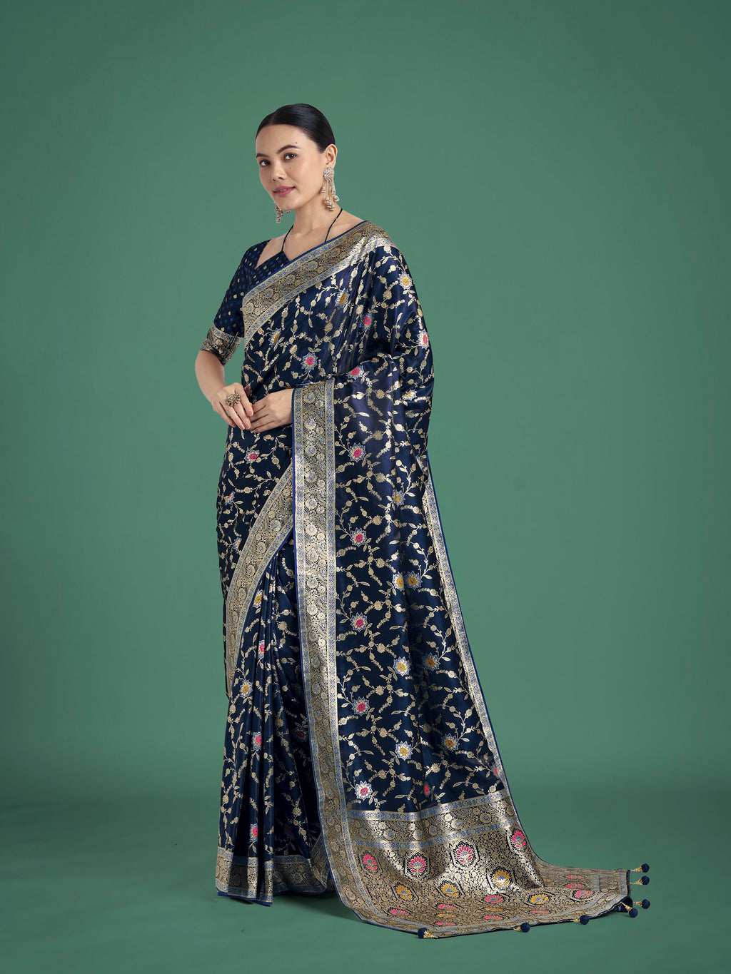 Dark Blue Banarasi Satin Silk Saree with Zari Woven Detail