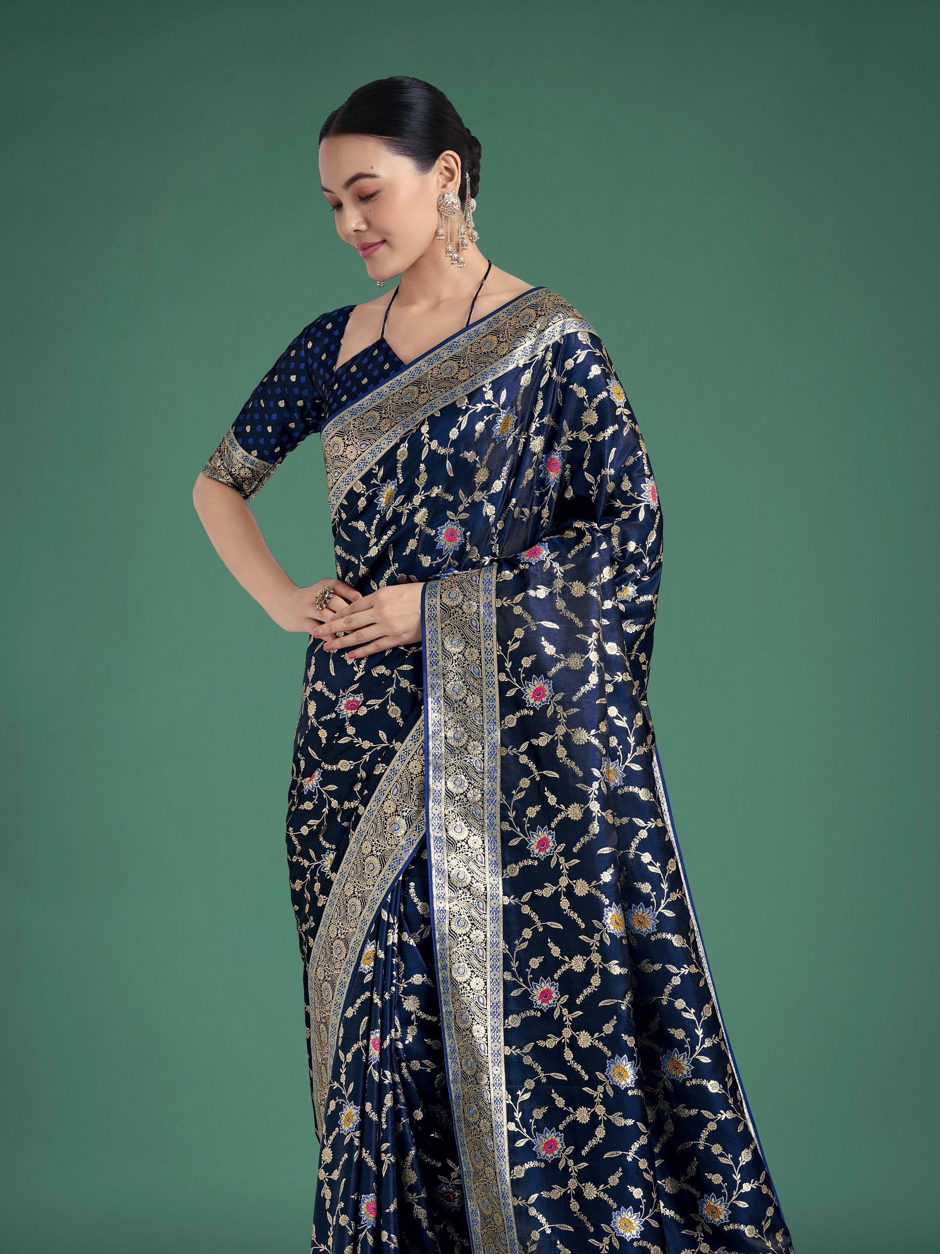 Dark Blue Banarasi Satin Silk Saree with Zari Woven Detail